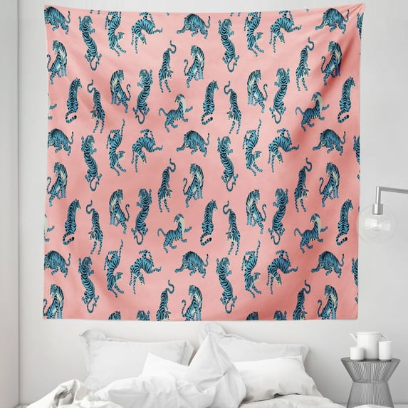 Blue Cat Tapestry, Hunting Tiger Poses Ready to Bite Roaring Repeated Pattern Tropical Art, Fabric Wall Hanging Decor for Bedroom Living Room Dorm, 5 Sizes, Blush and Multicolor, by Ambesonne