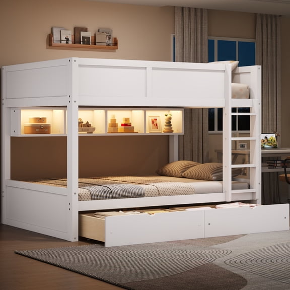 MODERNLUXE Wood Full XL over Full XL Bunk Bed with Storage Shelves and Drawers, LED Light Bed, White
