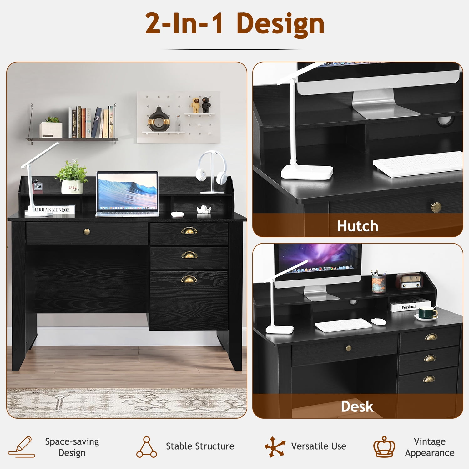 Catrimown Computer Desk, 47.5 in Desk with 4 Drawers, Home Office Desk with Monitor Stand, Matte Black