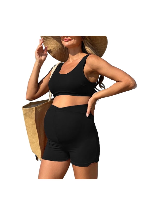 Bikini Sets for Maternity Over The Belly High Waist Bathing Suit Tummy Control Swimsuit Spaghetti Straps Pregnancy Swimwear Black XL