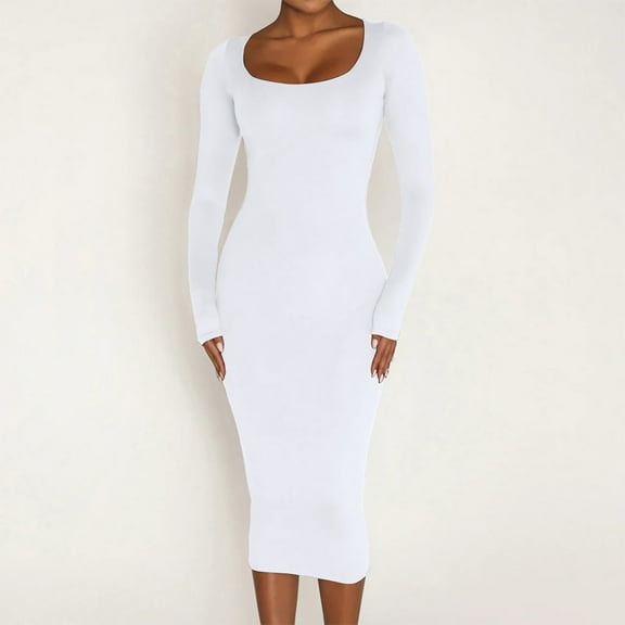 RYDCOT Womens Long Sleeve Dresses Knee Length Casual Basic Pencil Dress Square Neck Fall Casual Ribbed Bodycon Dresses Sale