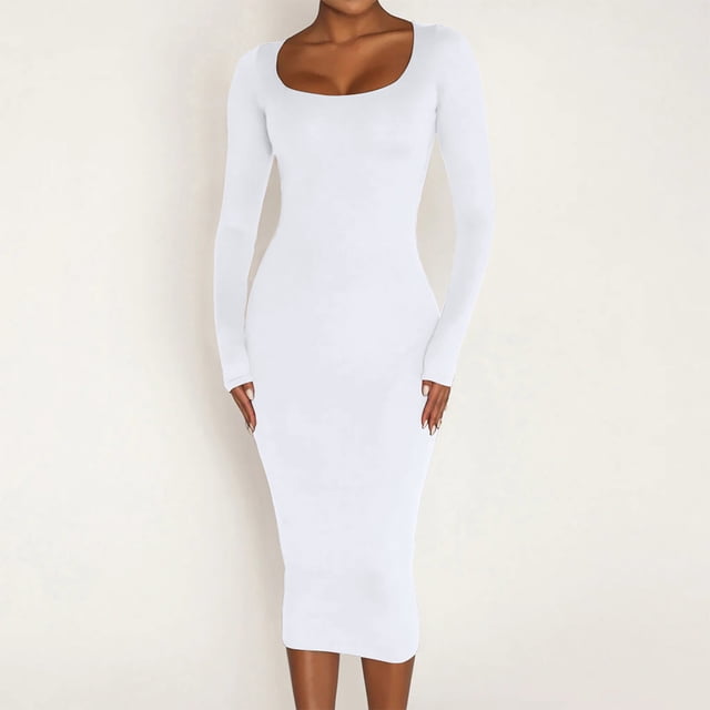 Aqestyerly Robe d'Hiver pour Femme, Couleur Unie à Col Rond, Manches Longues, Coupe Ajustée, Épaissie, Longueur Genou, Robe pour Porter au Chaud HWRETIE