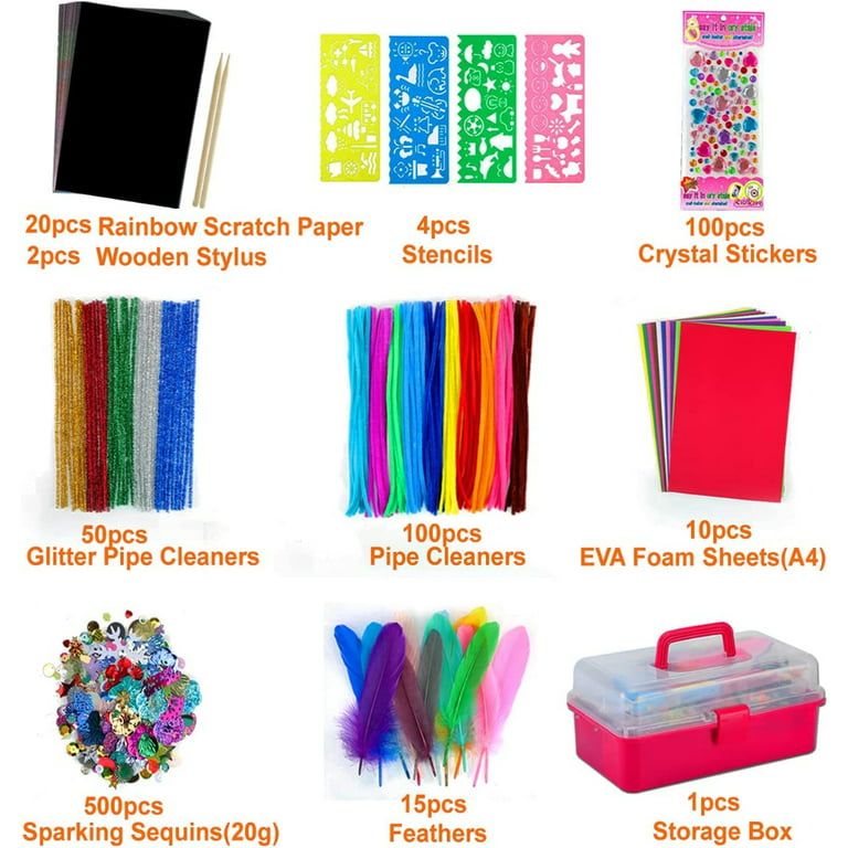 1000+ Pcs Kids Craft Box Kit Toddler Arts And Crafts For Kids Includes Pom  Poms Pipe Cleaners Feather Folding Box