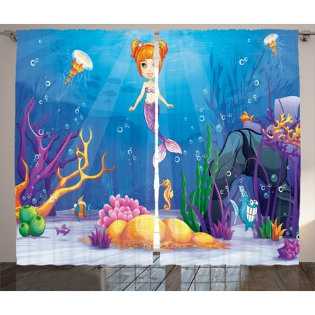 Girl Curtains 2 Panels Set Graphic Of The Magical Underwater World With Little Mermaid And Different Type Of Fish Art Living Room Bedroom Decor