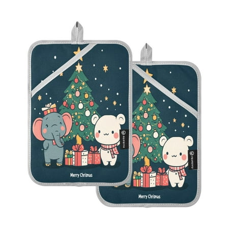

Cute Elephant and White Bear Square Insulation Pads 2 Piece Heat Resistant 338 Degrees F Oven Mitts for Kitchen Table BBQ Microwave and Other Cooking Occasions