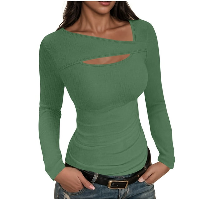 Lenpel T-Shirts pour Femmes Manches Longues Col Asymétrique Côtelé Tunique Ajustée Tendance pour Sortir (Vert Menthe, Petit)