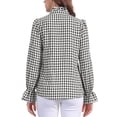 thumbnail image 3 of Blusa de cuadros de gingham para mujeres con volantes, cuello en V, frente con botones y manga larga, talla M, color negro, 3 of 6