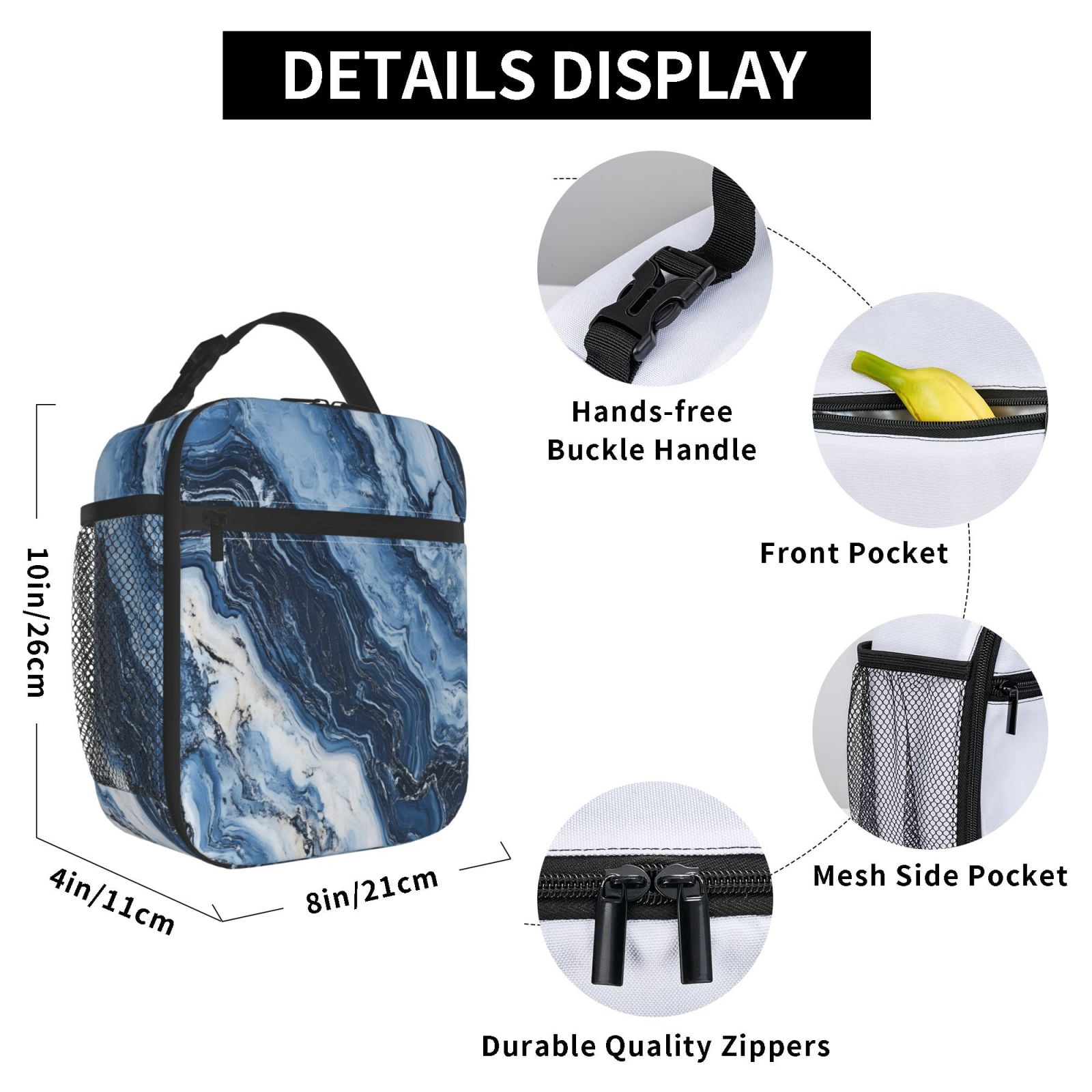 Lunch Bag For Women Men Insulated Portable Lunch Box Bento Box Office Picnic Travel Cooler Bag Slateblue Marble_3