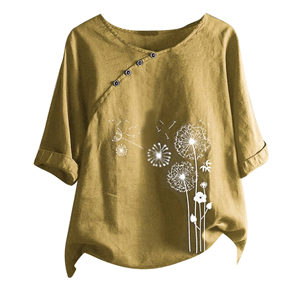 Tloowy Womens Cotton Linen Floral Shirts Dandelion Printed Tees Button Crewneck Short Sleeves Casual T-Shirt Blouse Tops, Women's, Size: Large, Yellow