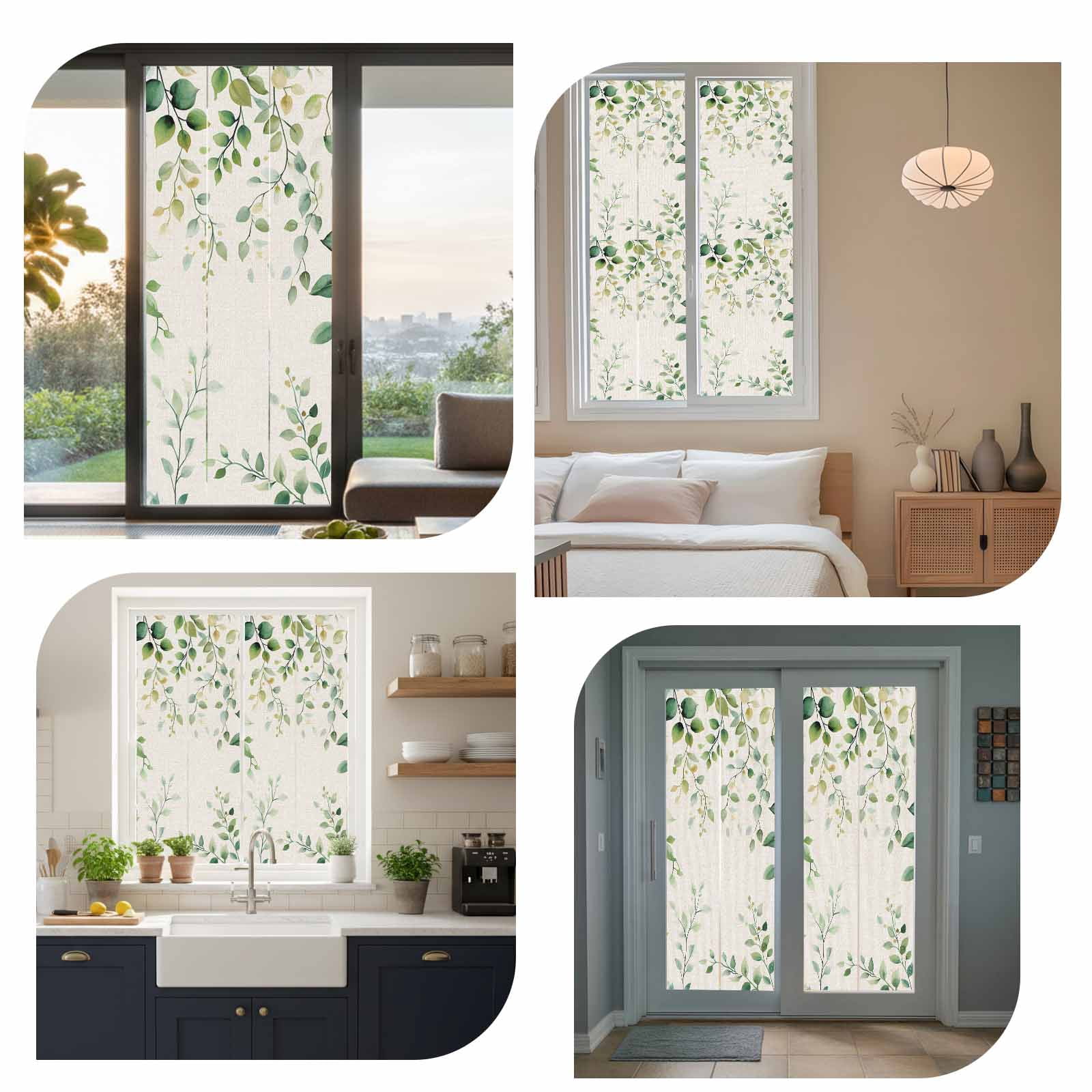 Green Eucalyptus Window Privacy Film, Country Nature Leaf Succulent Plant Static Cling UV Sun Blocking Tint Film Heat Control Windows Films for Bedroom Bathroom, Window Stickers 23.6"x59"
