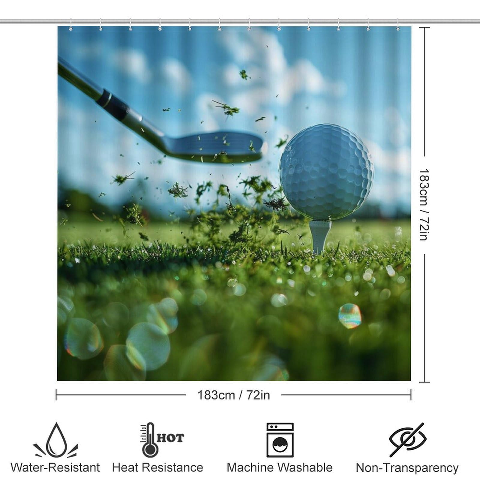 4Pcs Funny Golf Sport Shower Curtain Sets, Bathroom Decor Set with Rugs, Bath Mat Woodland Grassland Golf Ball Shower Curtain, 72 X 72 Inch