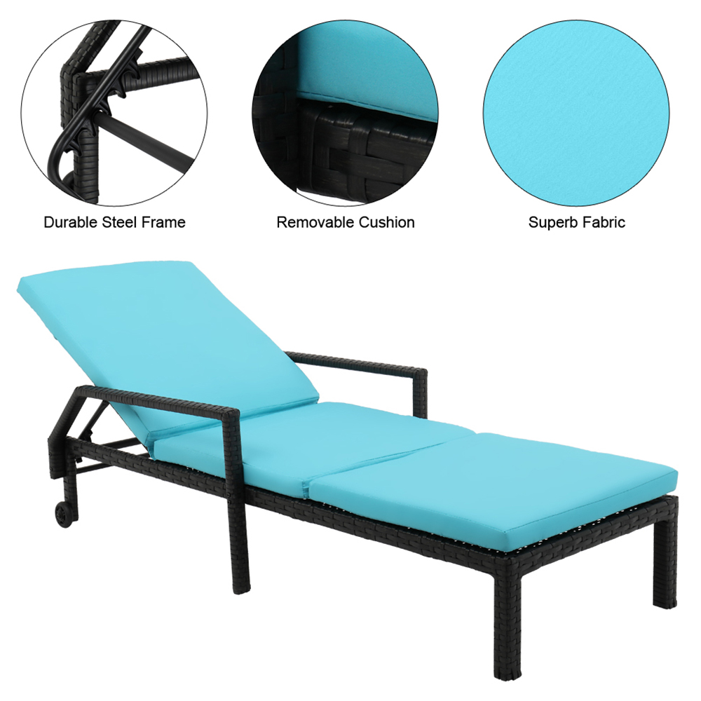 Chaise Lounges for Beach, Adjustable Patio Chaise Lounge Chair with Wheels, Outdoor Rattan Lounge Chair with Armrest and Cushion, Patio Furniture Recliner for Deck, Poolside, Backyard(1, Blue), LLL260 - image 4 of 9