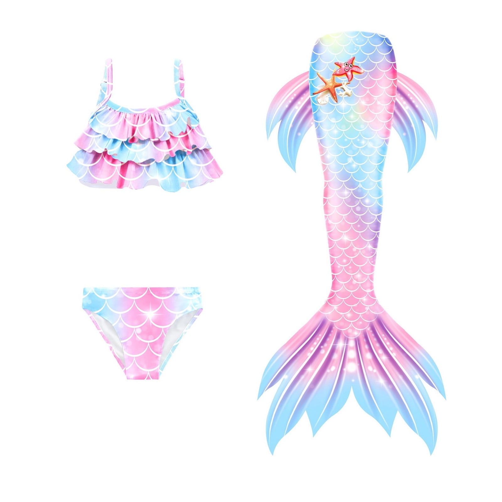 Hiiyo Maillot de Bain 3 Pcs pour Filles Bikini à Volants Ensemble Queue de Poisson Performance, Tailles 4-13