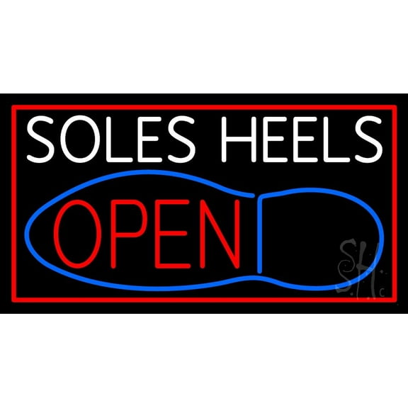 White Soles Heels Open LED Neon Sign 13 x 24 - inches, Black Square Cut Acrylic Backing, with Dimmer - Bright and Premium built indoor LED Neon Sign for store interior Décor, Storefront.