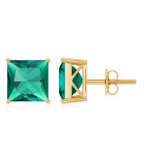 Rosec Jewels Princess Cut Created Emerald Solitaire Stud Earrings for Women - 8 mm - AAAA Grade, 14K Yellow Gold