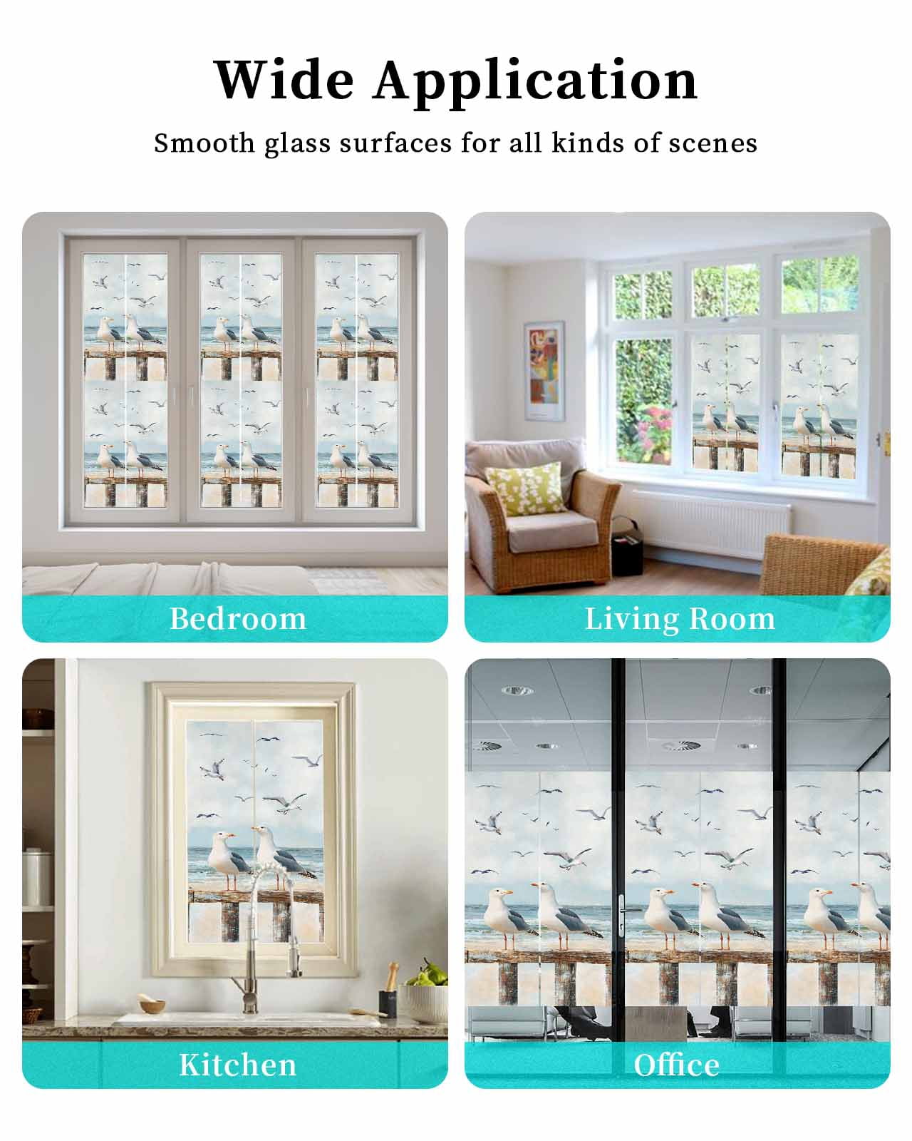 Window Privacy Film Coastal Seagull Stained Glass Window Film Decorative Sun Block Window Cover Summer Beach Ocean Birds Retro Window Clings Static Adhesive Sticker for Bathroom 35.4"x78.7"