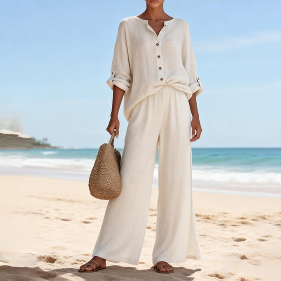 Women's 2 Piece Outfits Linen Long Sleeves Button Down Shirts Wide Leg Pants Sets Tracksuit Casual Vacation Clothes