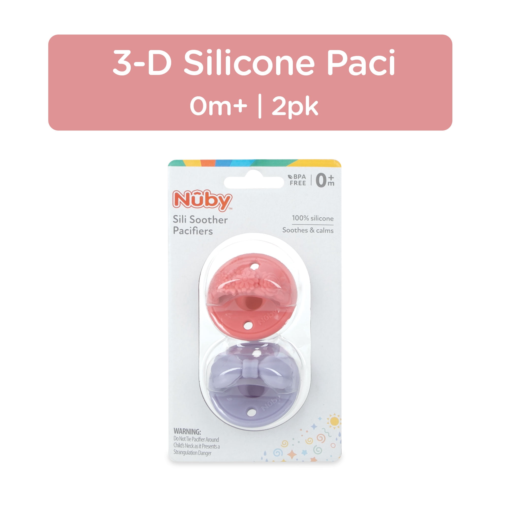 Nuby 2pk 3-D Sili Soother Silicone Pacifier, Flower & Bow