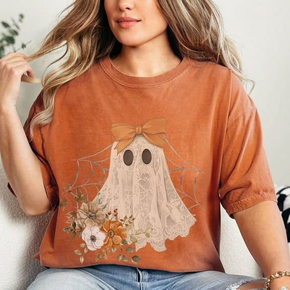 Halloween Lace Ghost T Shirt Spooky Coquette T-Shirt Girly Ghost Orange Bow T Shirt Lacey Ghost Tee Spooky Season Top Outfit