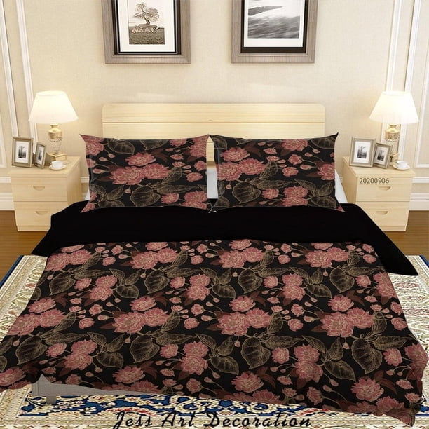 3D Vintage Hojas Rojo Floral Patrón Funda de edredón Juego de Ropa de Cama Funda Nórdica