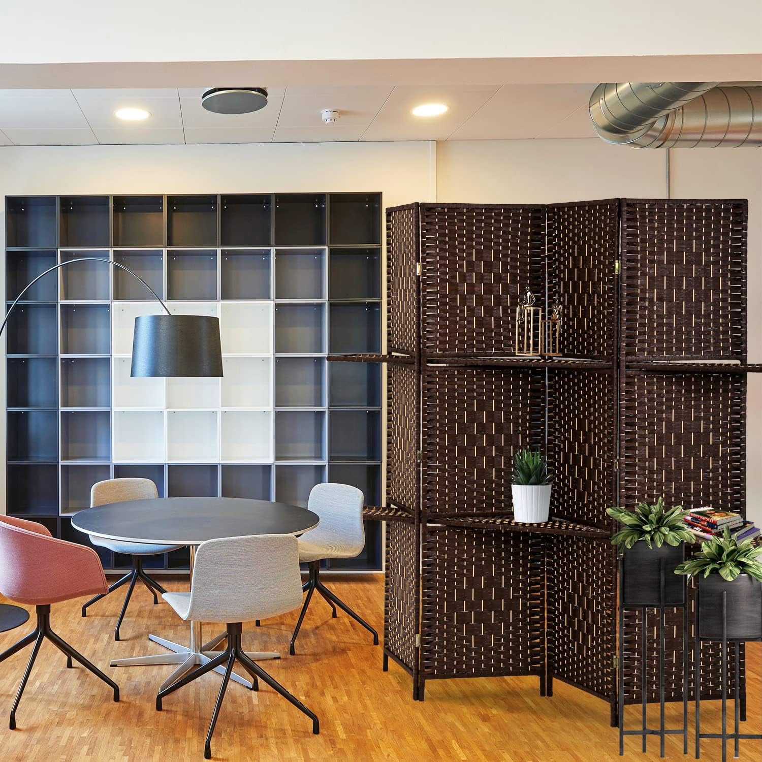 Dkelincs 6ft 4 Panel Wood Room Divider and Folding Privacy Screen with 2 Tier Display Shelves,Brown