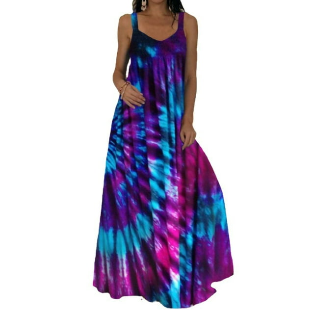 Innerwin Robe d'Été de Plage, Imprimé Floral, Robe Maxi pour Femme, Vacances, Teinture sur Nœuds, Ligne A, Longue, Violet, P