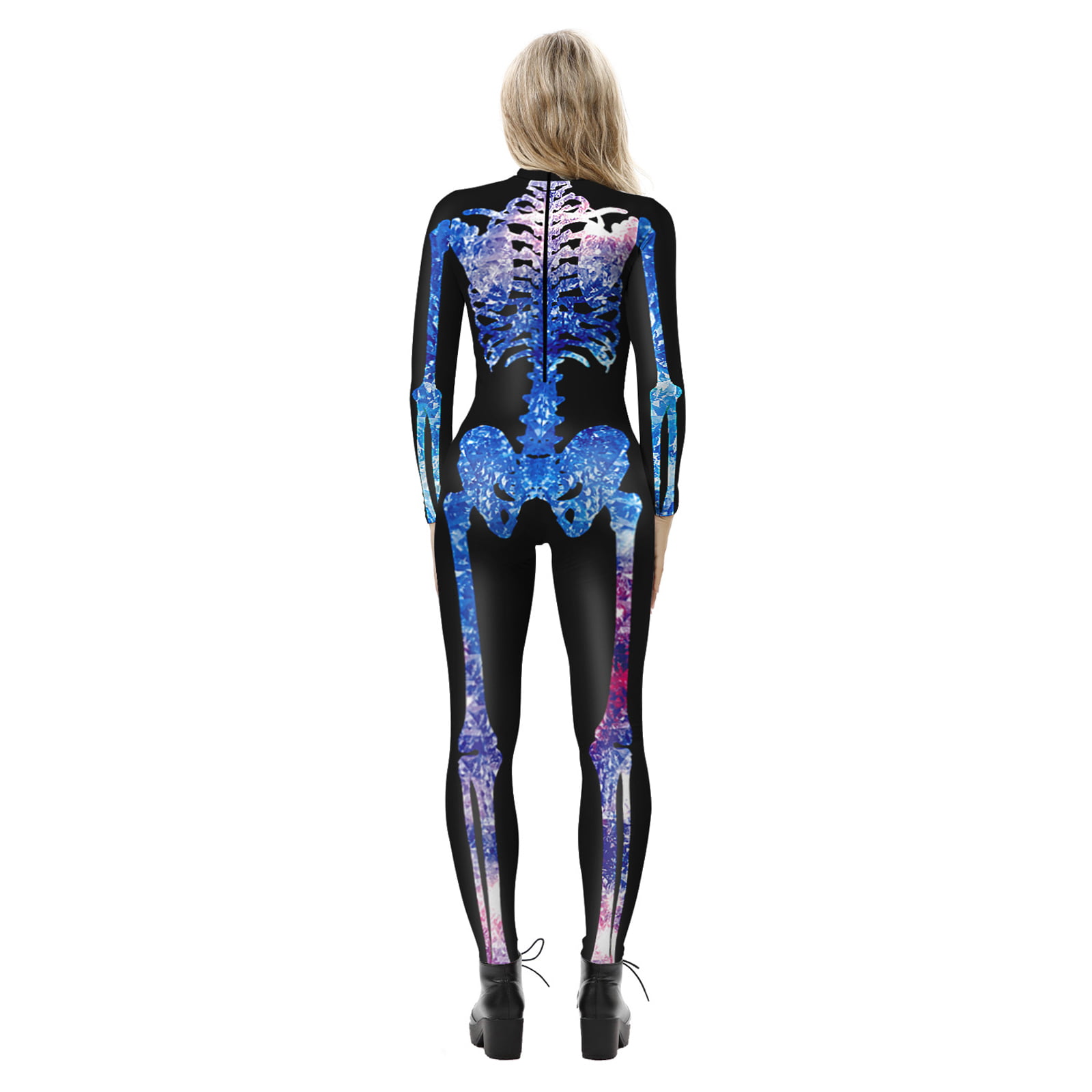 Womens Halloween Costume Skeleton Print Bodysuit Skinny Catsuit Jumpsuit Funny Long Sleeve Cosplay Bodycon Outfit