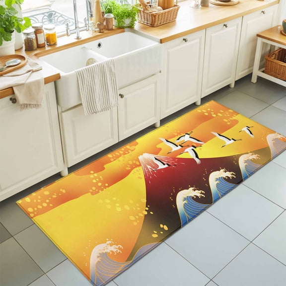 Hallway Runner Rug 2'x6', Yellow Orange Mountains Kitchen Runner Rugs Non-Slip Carpet Mats, Modern Abstract Waves Cranes Bedside Rugs Runners Washable Floor Carpet for Bathroom Laundry Room