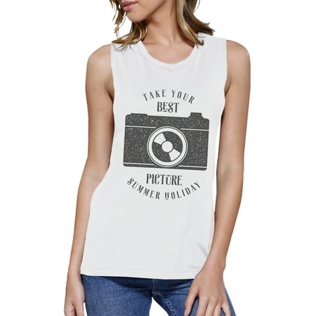 Best Summer Picture White Graphic Muscle Tank Top For Women (Best Breeches For Summer)