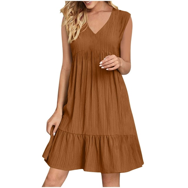 Kyusrd Robes d'Été Sans Manches pour Femmes 2025 Robe Chemise Mini Col en V Décontractée Taille Haute Plissée Boho à Volants Ligne A Robes d'Été