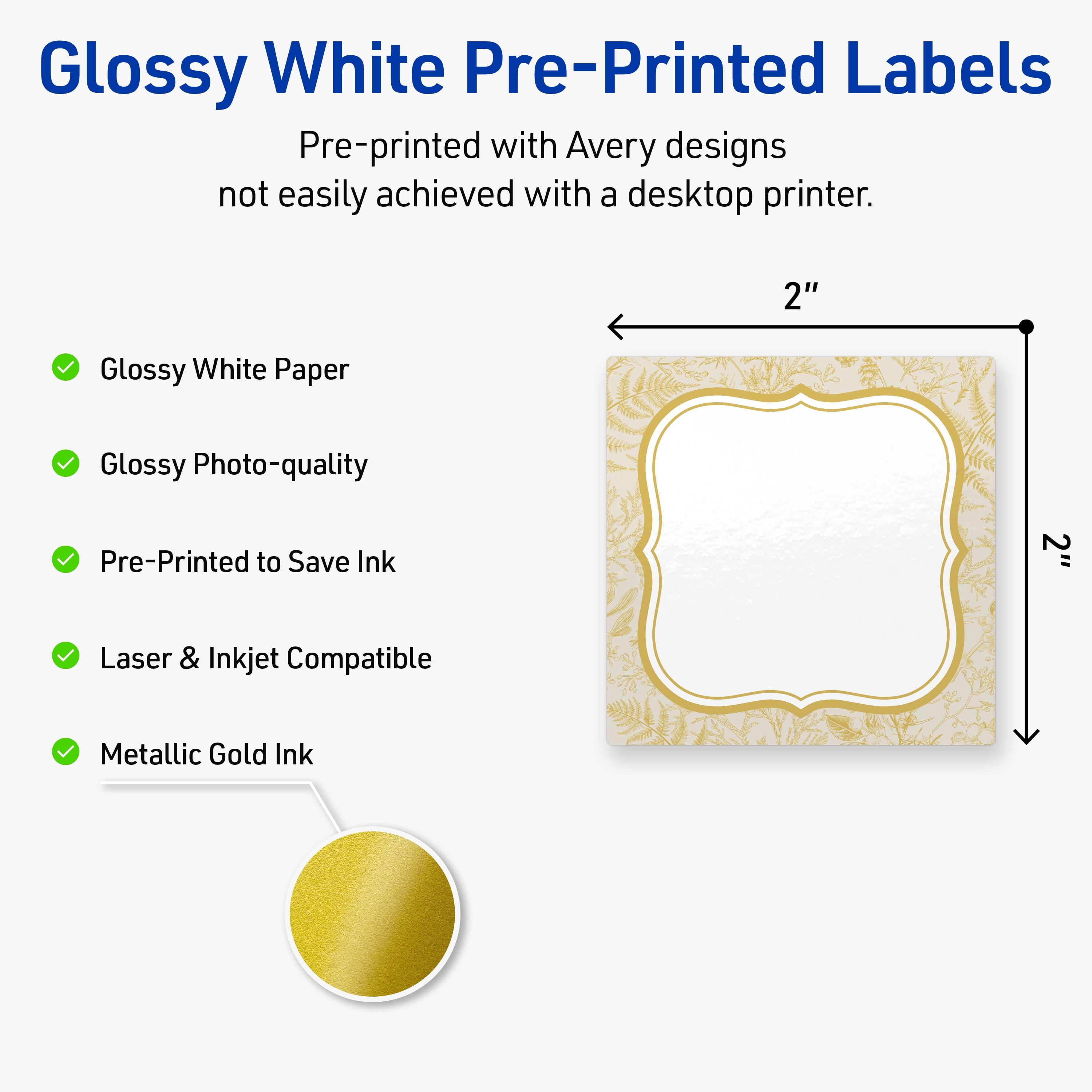 Avery Square Labels, 2" x 2", Flourish Gold Florals Design, Glossy