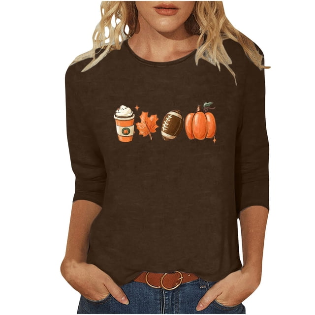 KIHOUT Hauts en Solde, Chemises à Manches 3/4 pour Femmes Blouse Imprimée Graphique d'Automne Col Rond T-shirts Décontractés Amples Chandails en Molleton Blouse
