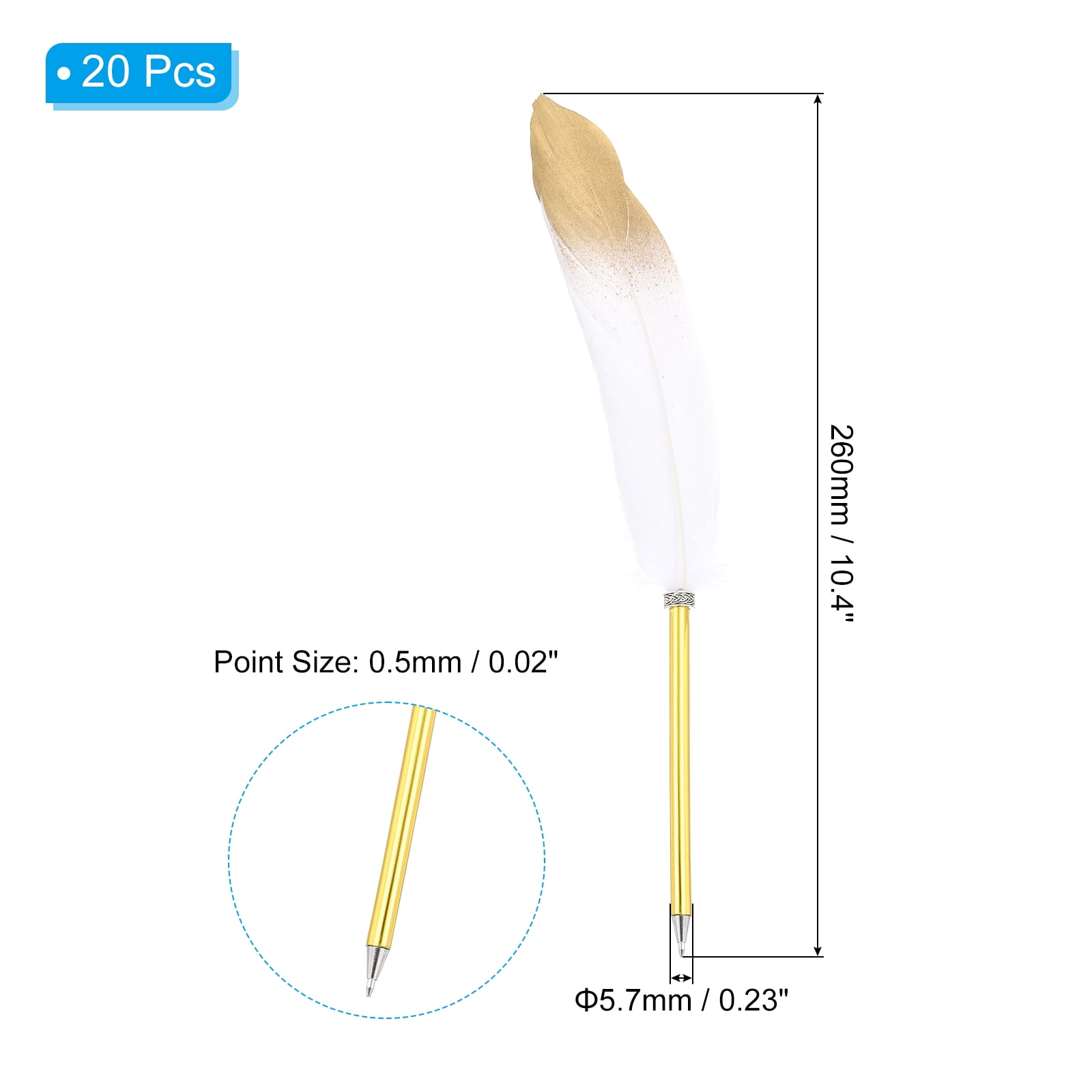 Uxcell 20Pcs Feather Ballpoint Pens Bulk, 0.5mm Ink Vintage Plated Rod Quill Writing Pens for Office, Wedding, White