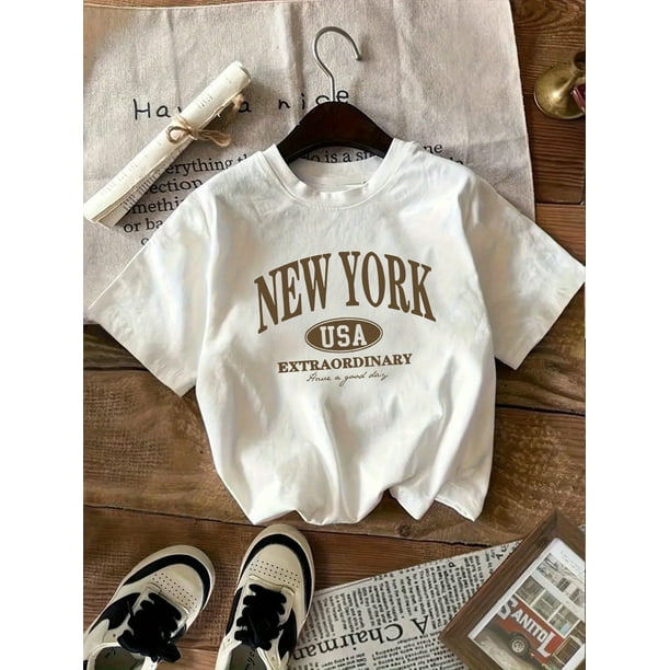 Girls' New York Graphic Tee - Casual & Comfy Short Sleeve Crew Neck, Lightweight Knit Fabric, Perfect for Summer - Black & White