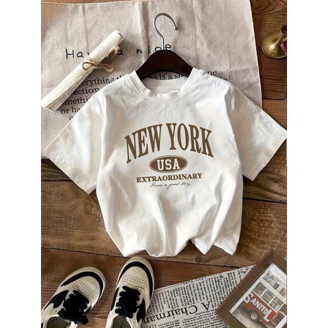 Girls' New York Graphic Tee - Casual & Comfy Short Sleeve Crew Neck, Lightweight Knit Fabric, Perfect for Summer - Black & White