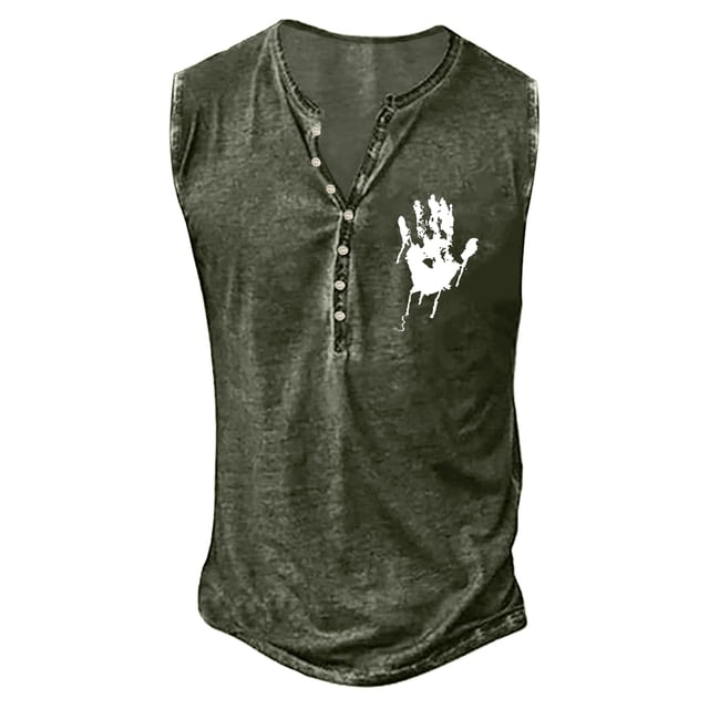 Débardeur Homme Été Mode Rétro Basique à Boutons Sans Manches avec Petit Imprimé pour Hommes T-Shirt Classique Imprimé