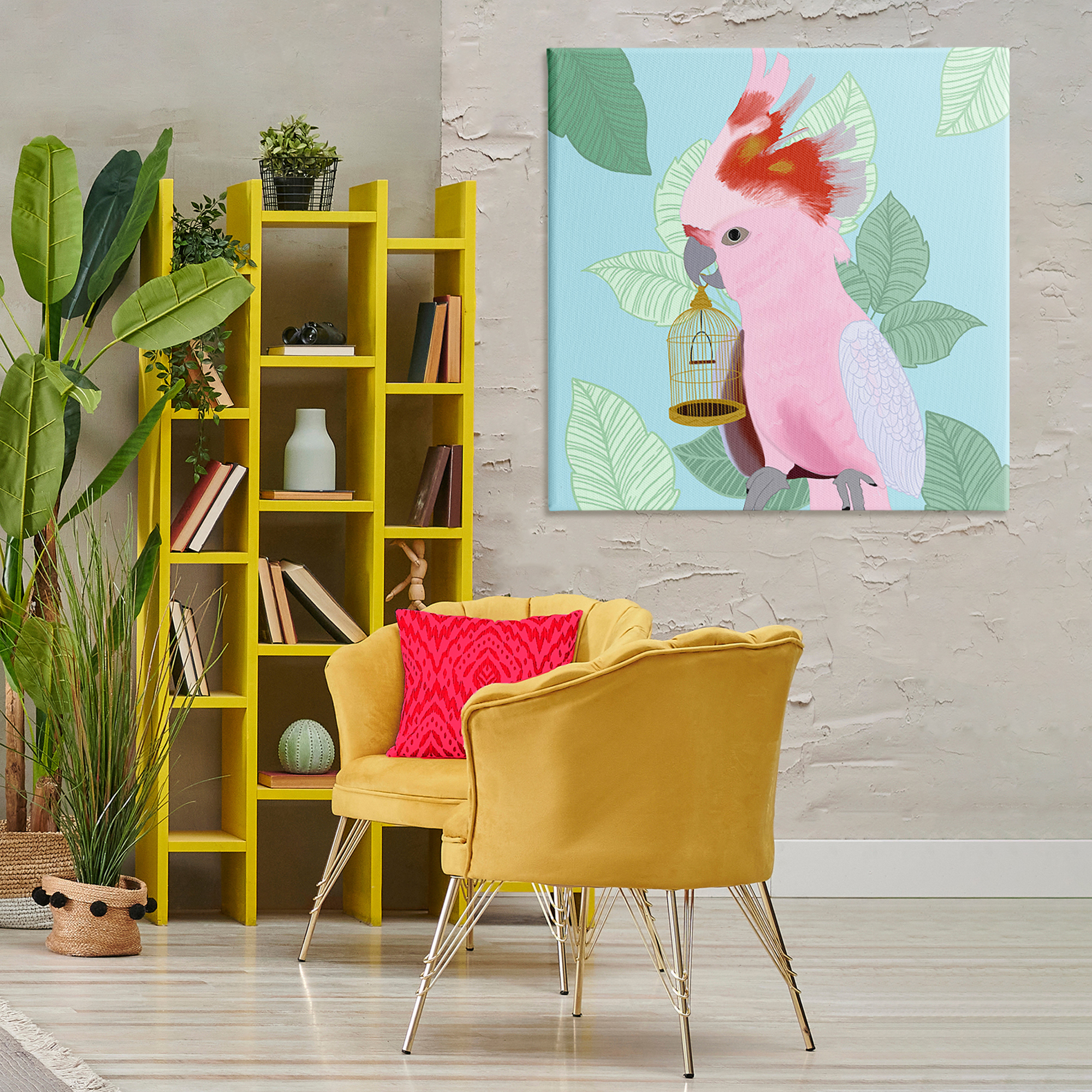 Stupell Industries Pink Cockatoo with Leaves Animals Painting Wrapped Canvas Art Print Wall Art, 36 x 36
