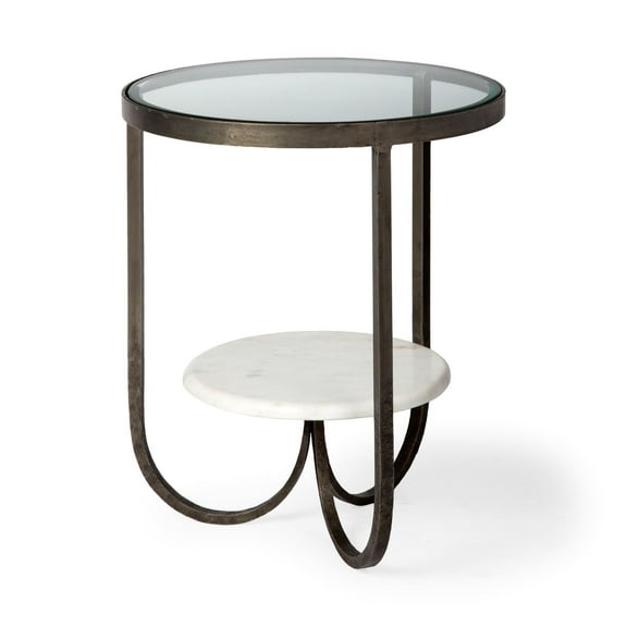 Mercana Reinhardt II Round Glass Top Gold Metal and Marble Detail End/Side Table