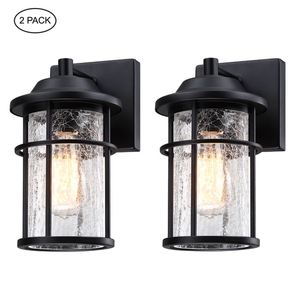 10.8 inch Matte Black Finish Outdoor Wall Lantern Sconce with Crackle Glass (2-pack）