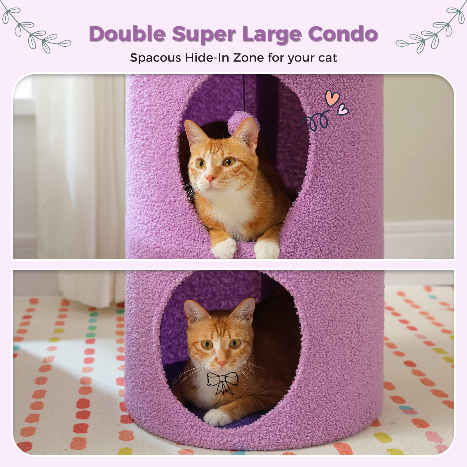Pefilos 28" 2-Level Cat House Condo with Tree, 2 Cave Bed & Removable Flower Cat Cushion, Purple
