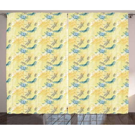 - Dragonfly Curtains 2 Panels Set, Water Lilies and Flying Insects in Artistic Vintage Style Exotic Fauna, Window Drapes for Living Room Bedroom, 108W X 63L Inches, Pale Yellow Blue, by Ambesonne