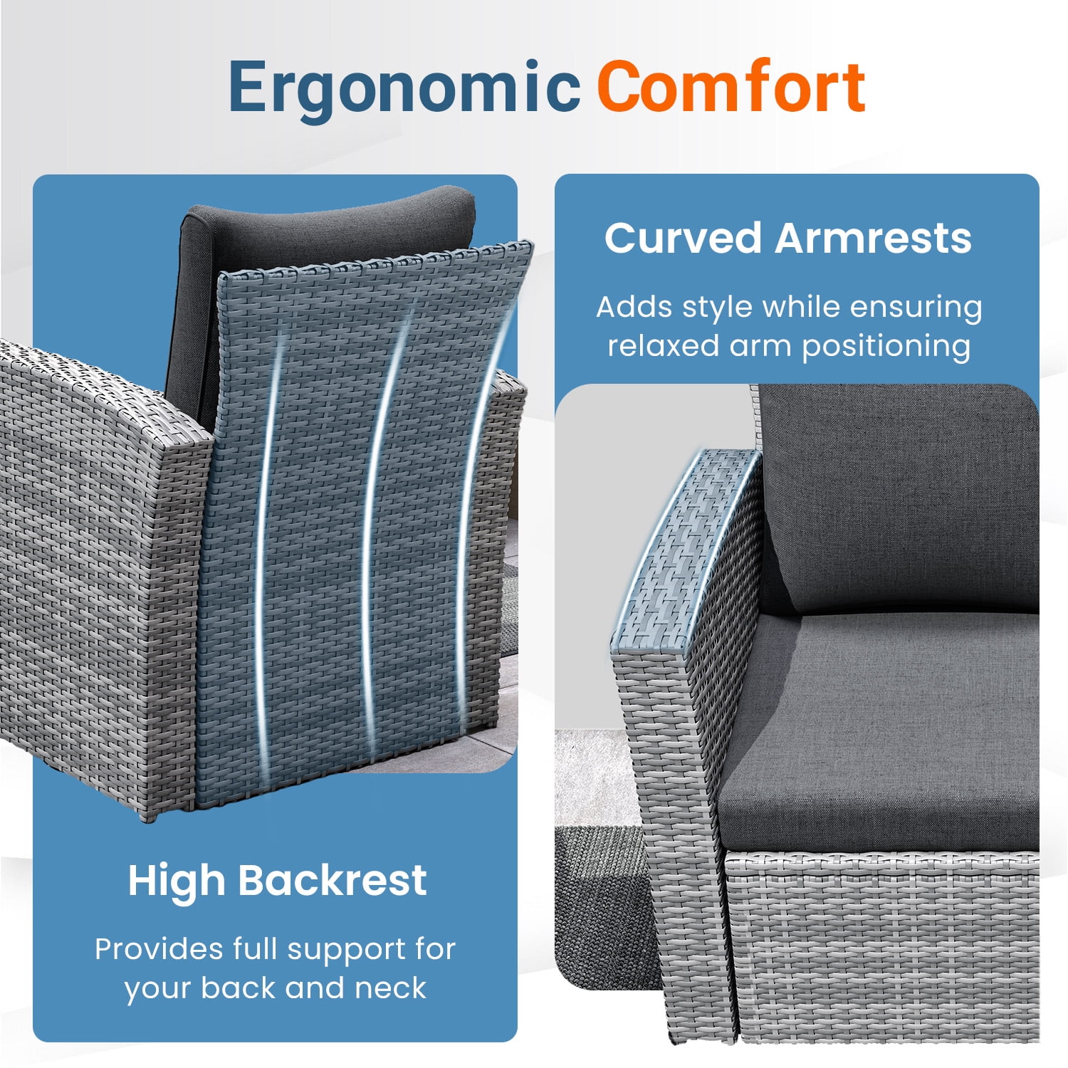 Superjoe 4-Piece Outdoor Patio Furniture Sets, Wicker Rattan Conversation Set, Gray Rattan Black Cushion