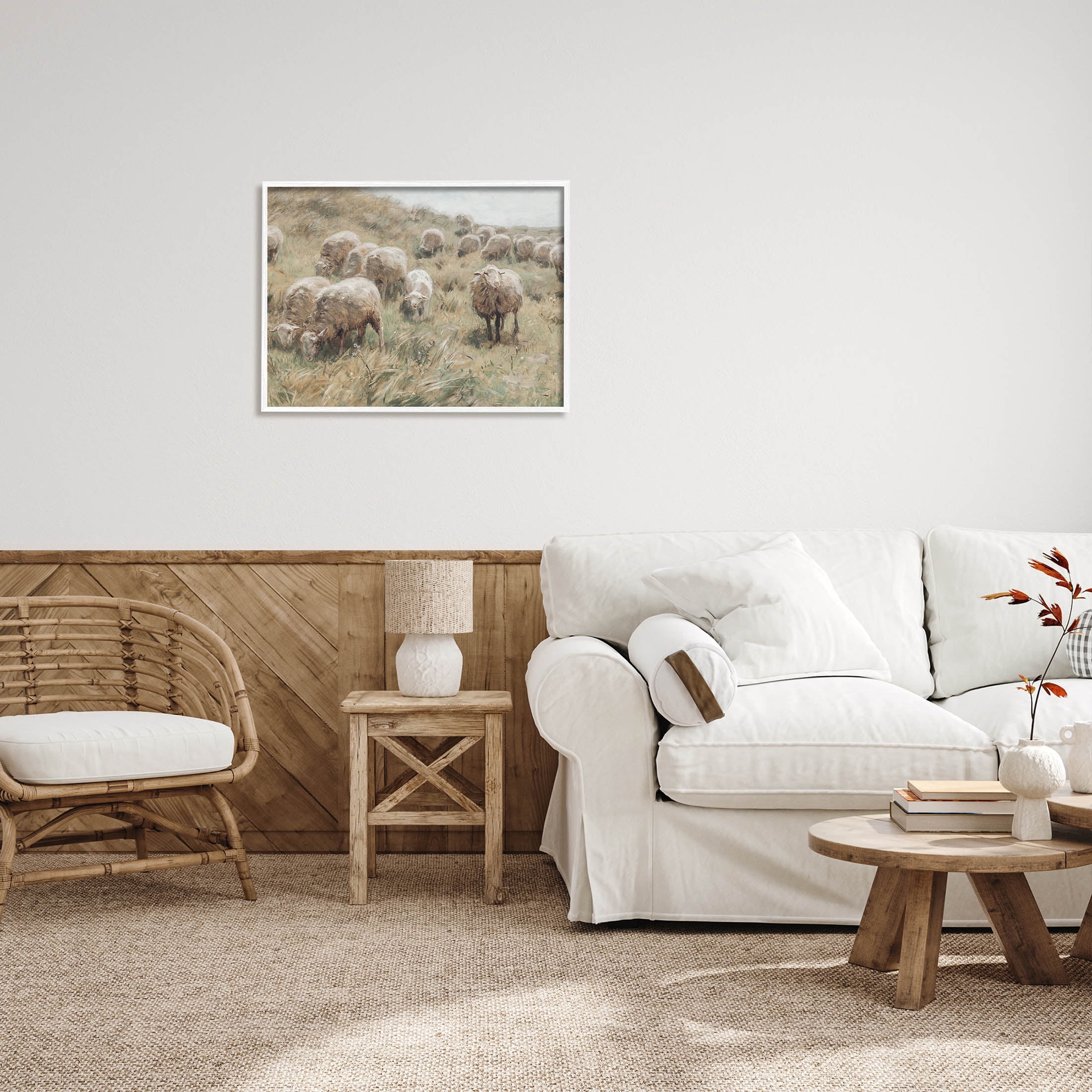 Rural Cattle Grazing Field Landscape Painting White Framed Art Print Wall Art