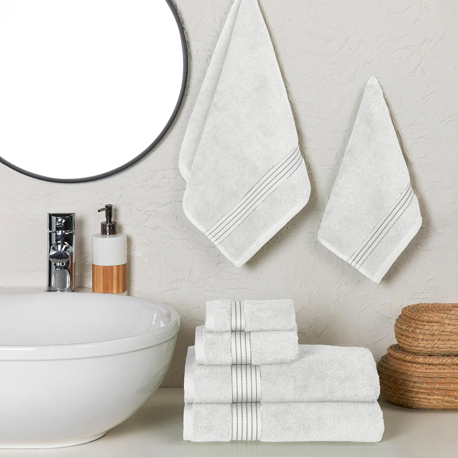 Cotton 6-Piece Towel Set, Includes 2 Washcloths, 2 Hand Towels and 2 Bath Towels, 100% Turkish Cotton , White/Gray