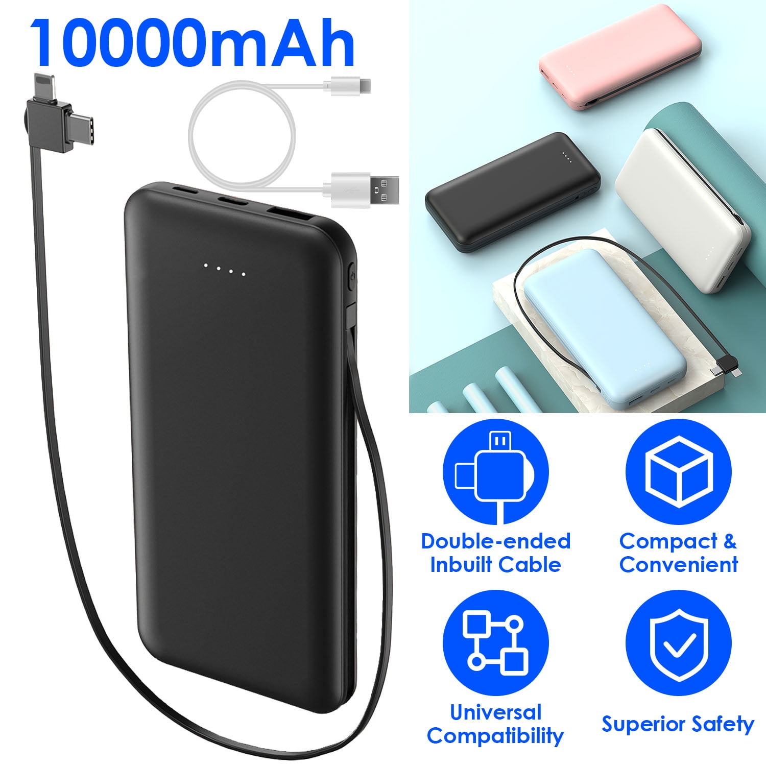 Portable 10000mAh Power Bank  External Battery Pack Phone Charger with LT Type-C Double-ended Cable Black