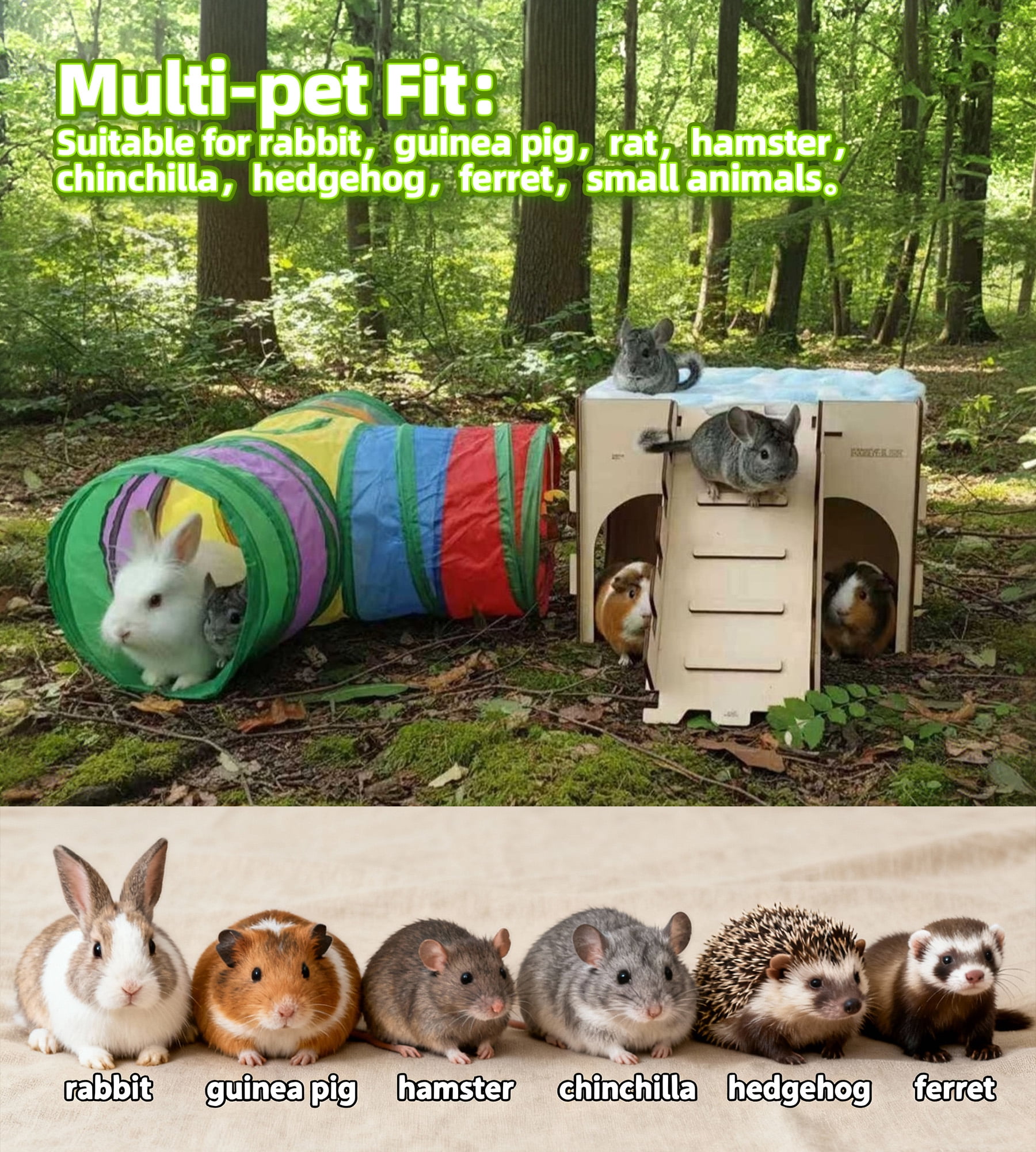 HIIMALEX Castle&Tunnel&Bed 3-in-1 Bunny's Gift Box: Extra Large Wooden Bunny Hideout with Ramp, Collasiple Tunnel and Soft Bed for Rabbit Guinea Pig Ferret Gerbil Hedgehog to Play Hide and Rest