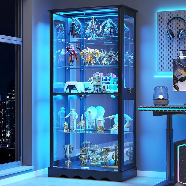 Vitrine en Verre avec Portes, Armoire de Rangement RVB avec Lumières DEL pour Objets de Collection, Vitrine avec Tablette Ajustable, Noir