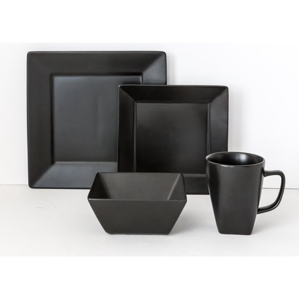 Over and Back 16 Piece Black Square Porcelain Dinnerware Set