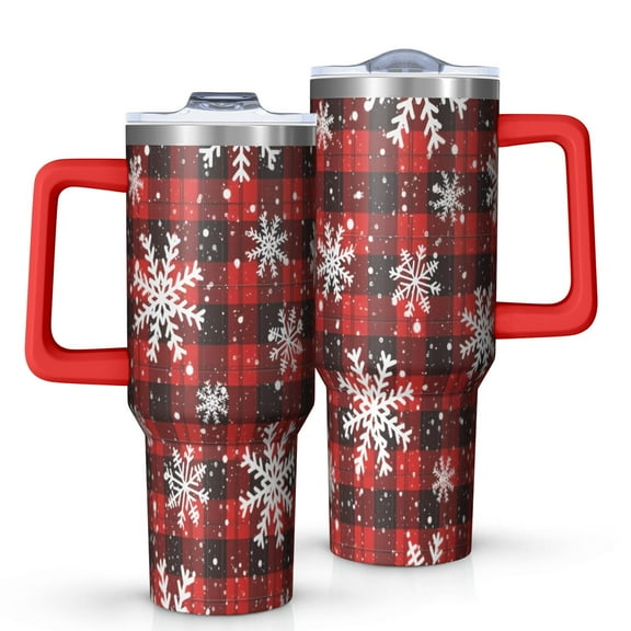 Red and Black Christmas Snowflake Pattern Tumbler with Handle and Lid,40oz Double Wall Vacuum Insulated Tumbler,Cups Gift for Women and Men