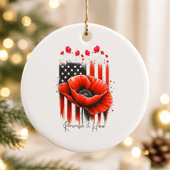 Veterans Day USA Memorial Day Red Poppy Flower Military Christmas Ornament, In Loving Memory Decor, Ceramic Ornament